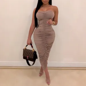 Solid Pleats Off Shoulder Sleeveless Dress