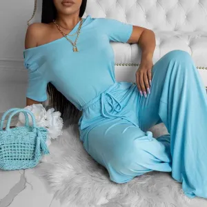Solid Short Sleeve One Shoulder Wide Leg Jumpsuit