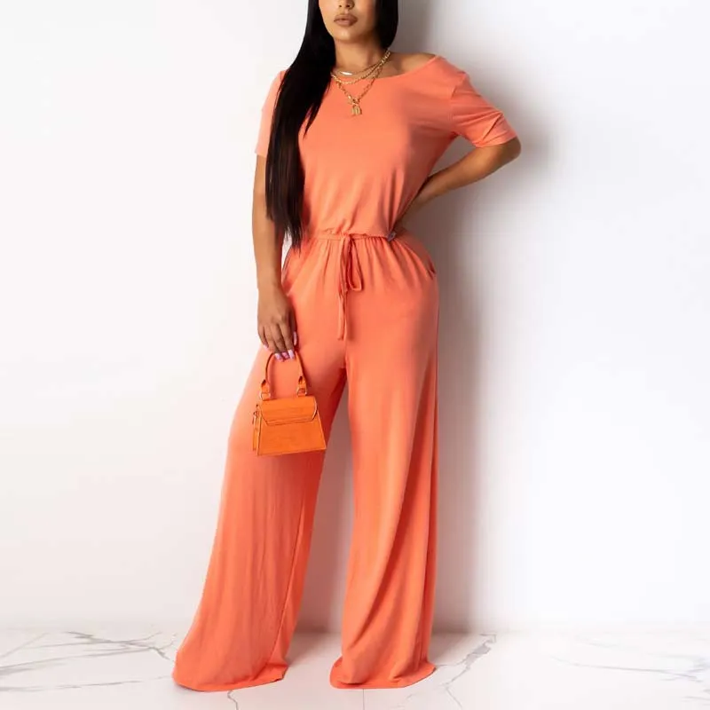 Solid Short Sleeve One Shoulder Wide Leg Jumpsuit