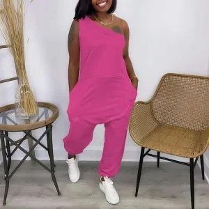 Solid Sleeveless One Shoulder Loose Jumpsuit