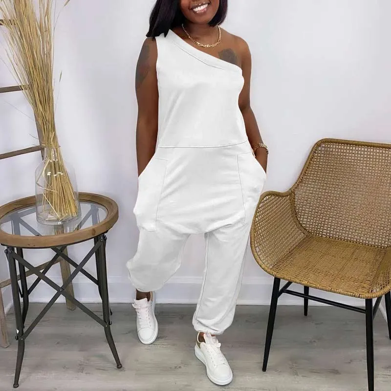 Solid Sleeveless One Shoulder Loose Jumpsuit