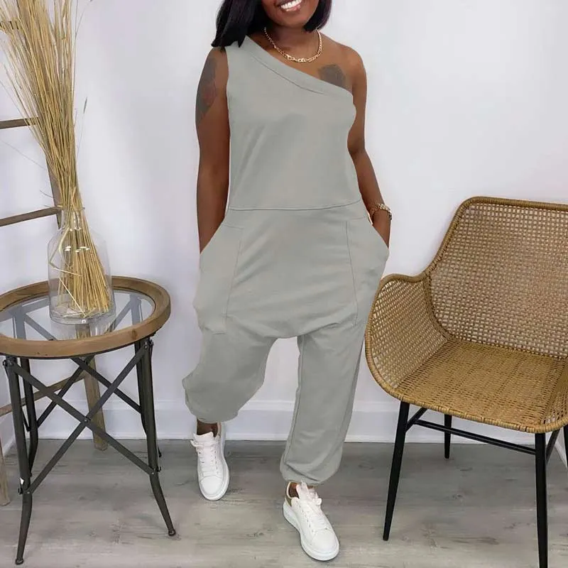 Solid Sleeveless One Shoulder Loose Jumpsuit