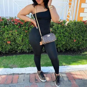 Solid Sleeveless One Shoulder Skinny Jumpsuit