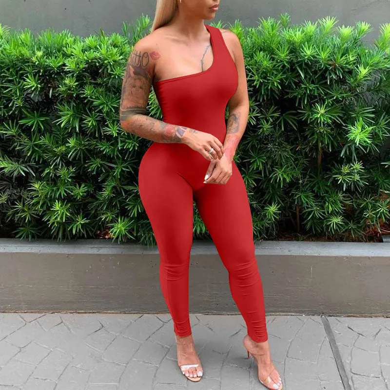 Solid Sleeveless One Shoulder Skinny Jumpsuit