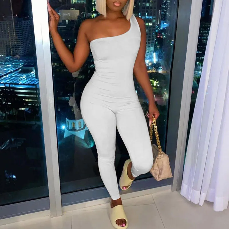 Solid Sleeveless One Shoulder Skinny Jumpsuit