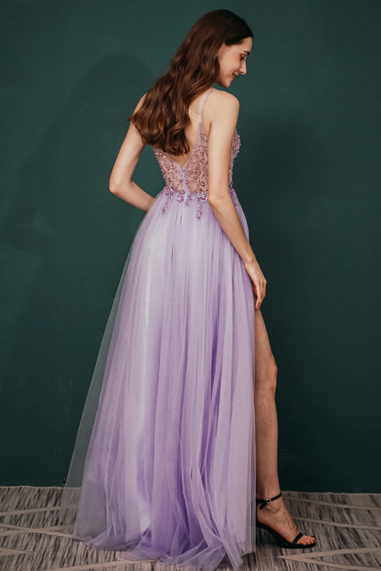 Sparkle Lilac Tulle High-split Spaghetti Strap Prom Dress