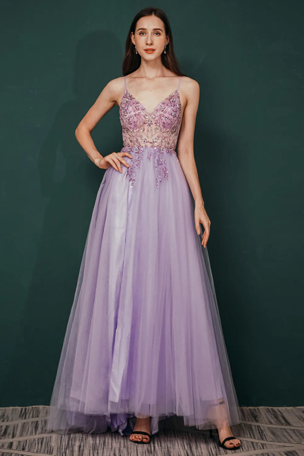 Sparkle Lilac Tulle High-split Spaghetti Strap Prom Dress
