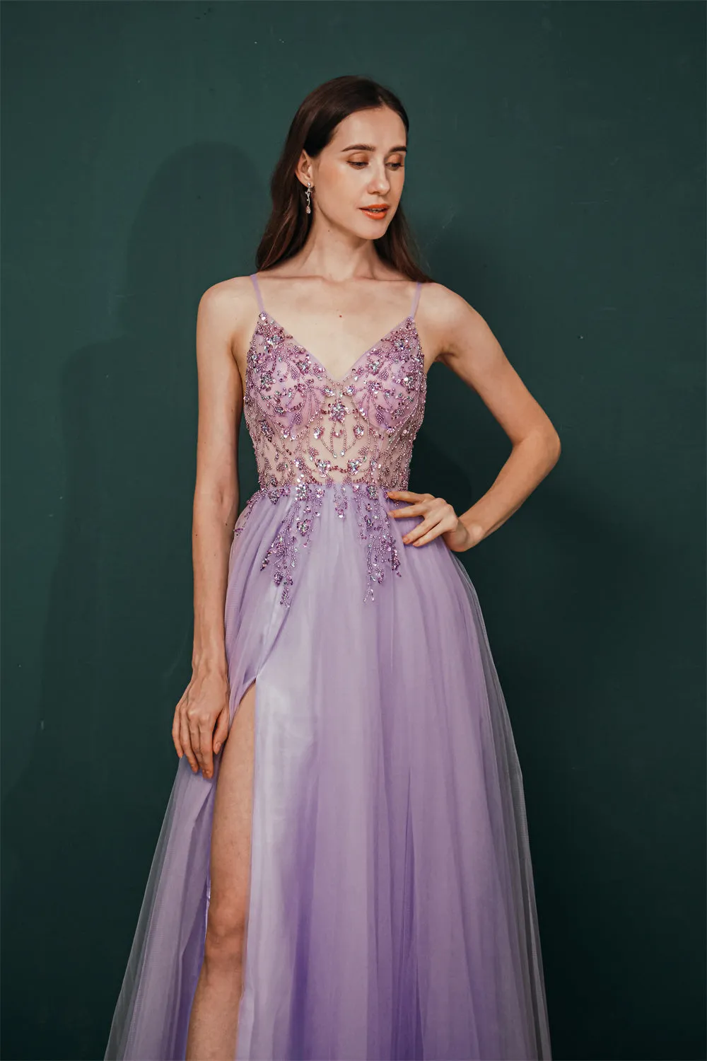 Sparkle Lilac Tulle High-split Spaghetti Strap Prom Dress