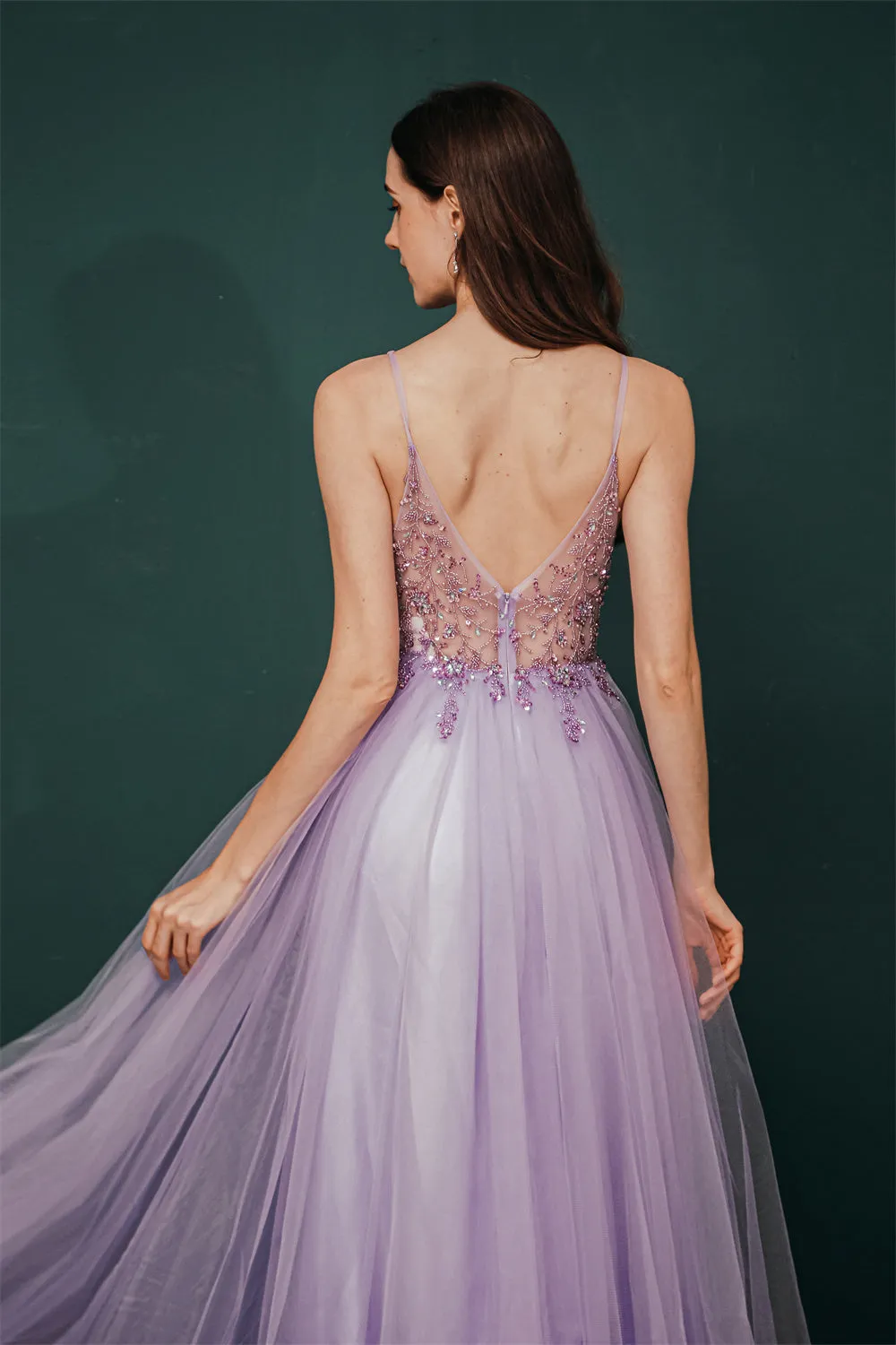 Sparkle Lilac Tulle High-split Spaghetti Strap Prom Dress
