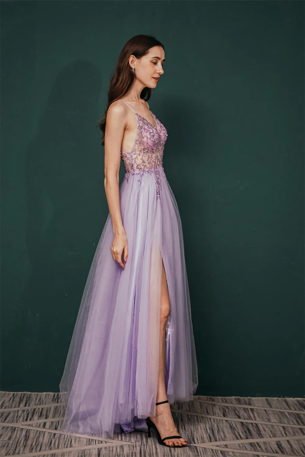 Sparkle Lilac Tulle High-split Spaghetti Strap Prom Dress