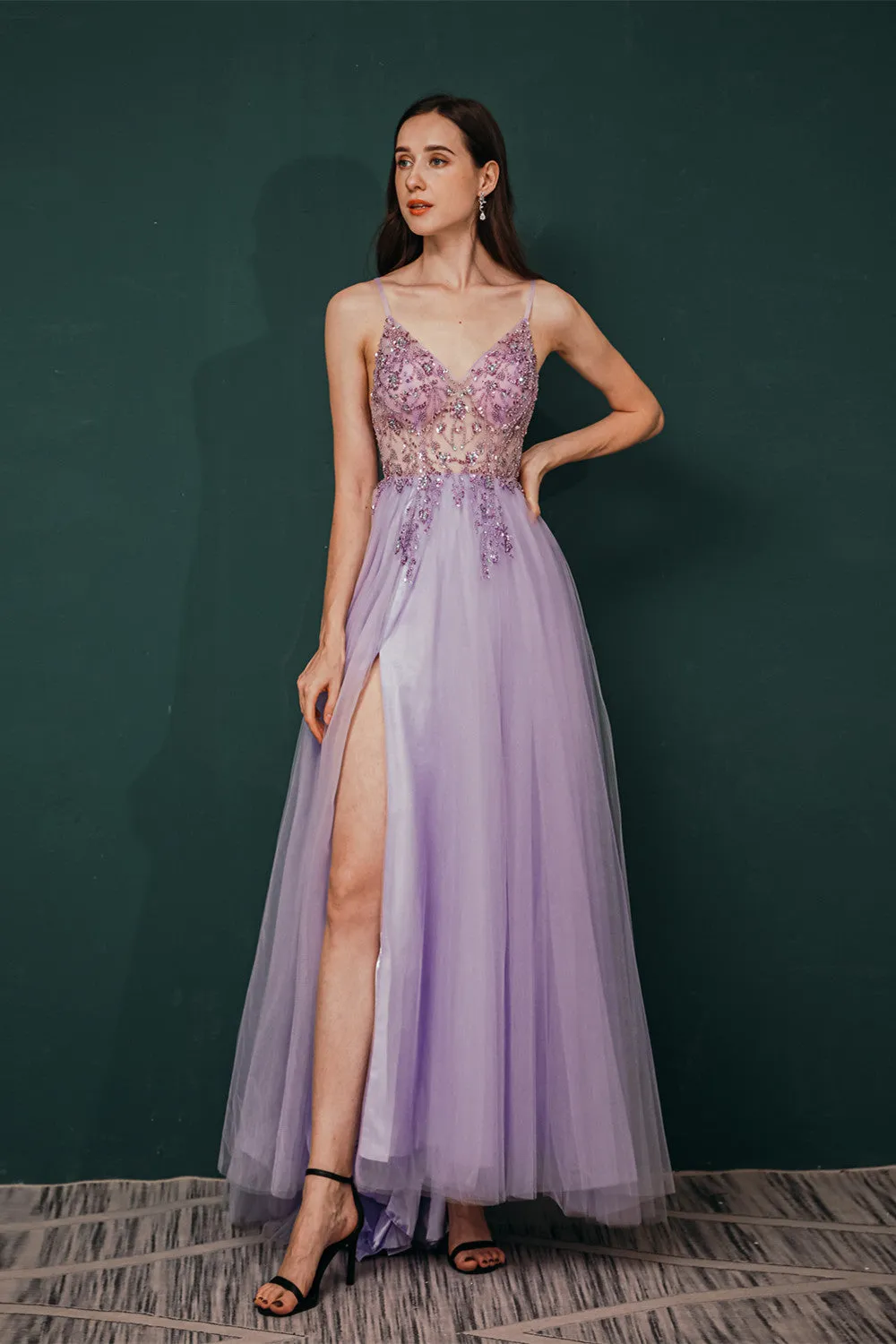 Sparkle Lilac Tulle High-split Spaghetti Strap Prom Dress