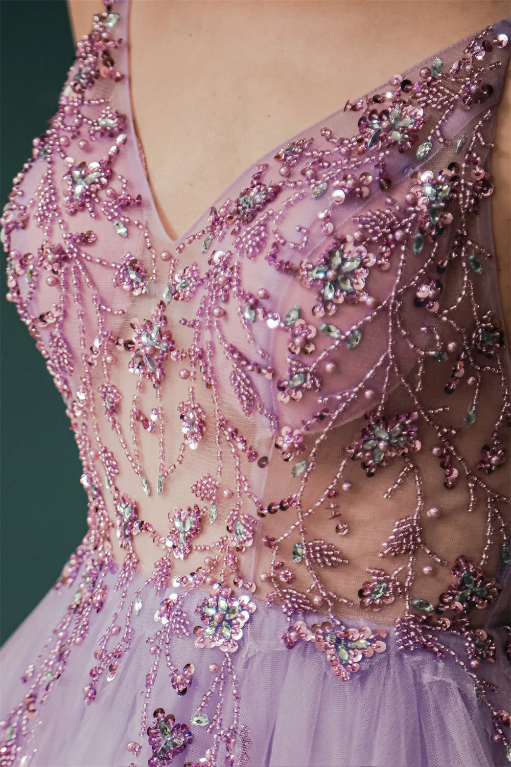 Sparkle Lilac Tulle High-split Spaghetti Strap Prom Dress