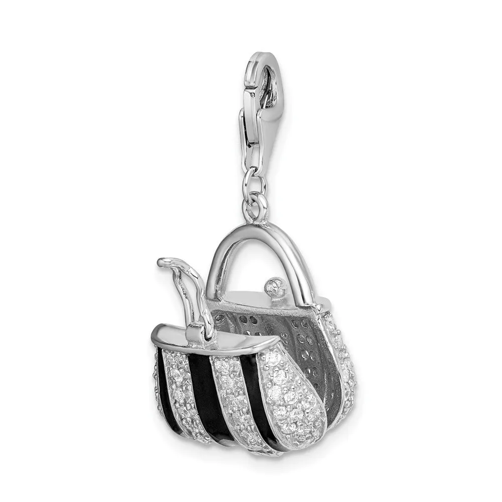 Sterling Silver Amore La Vita Rhodium-plated Enameled CZ Handbag Charm