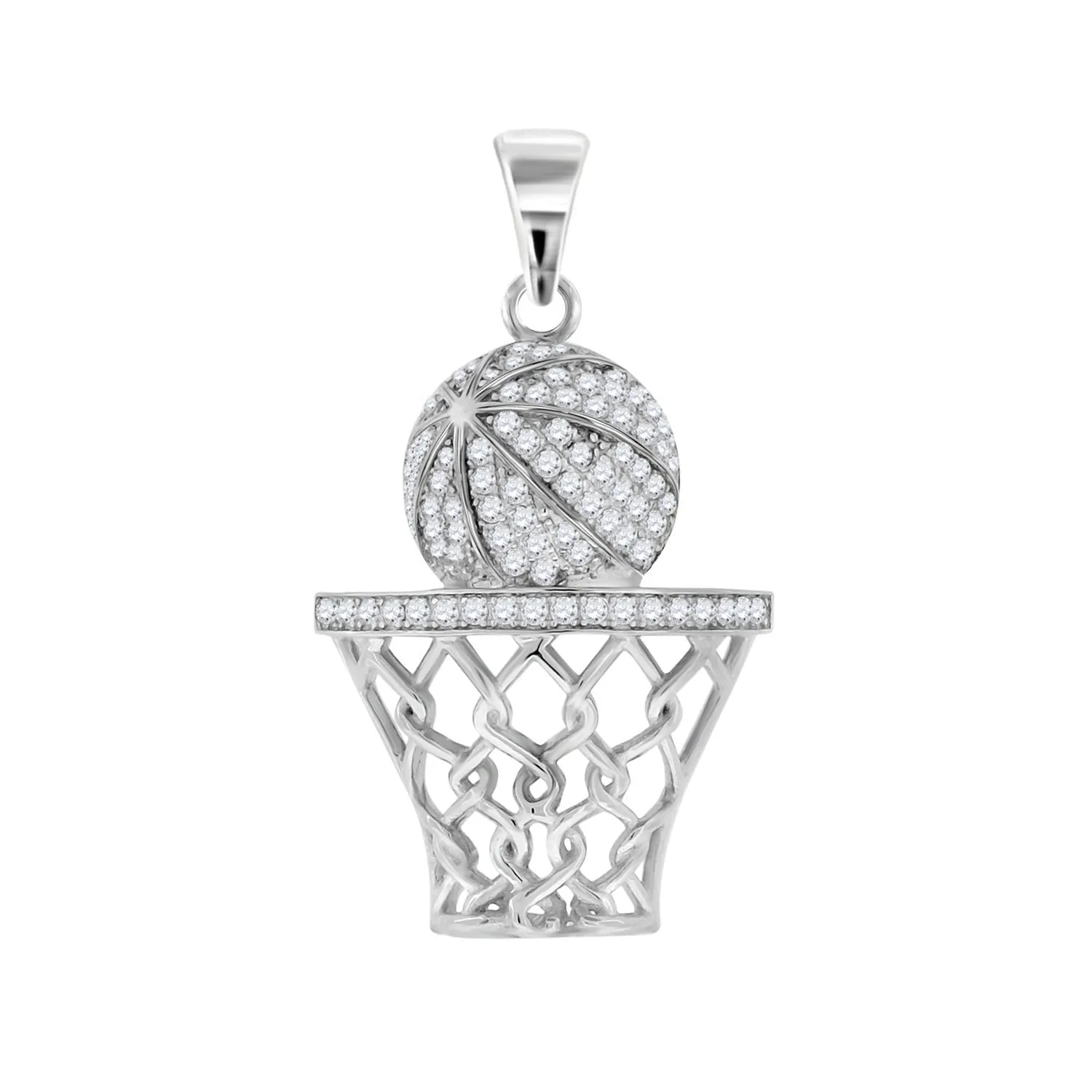 Sterling Silver  Round Cubic Zirconia CZ Basket Ball Sports Charm Pendant