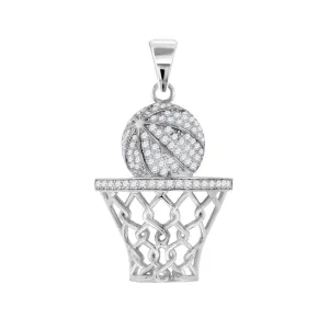 Sterling Silver  Round Cubic Zirconia CZ Basket Ball Sports Charm Pendant