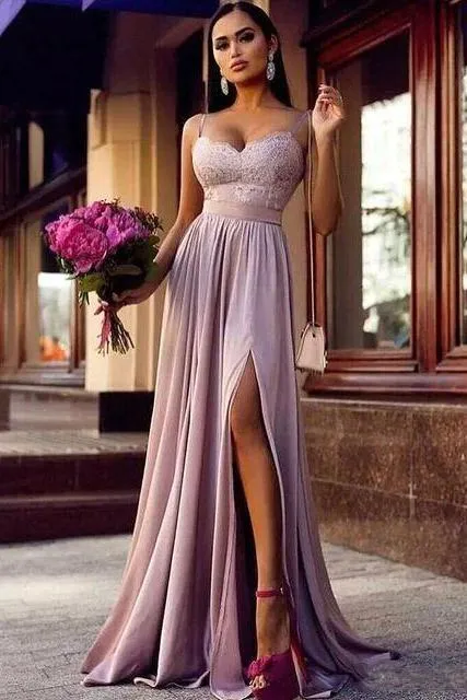 Straps Lace Slit Prom Party Gowns| Sleeveless Lavender Long Formal Chic Evening Gown