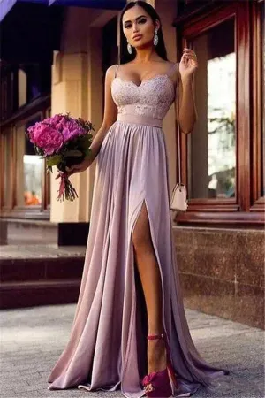 Straps Lace Slit Prom Party Gowns| Sleeveless Lavender Long Formal Chic Evening Gown