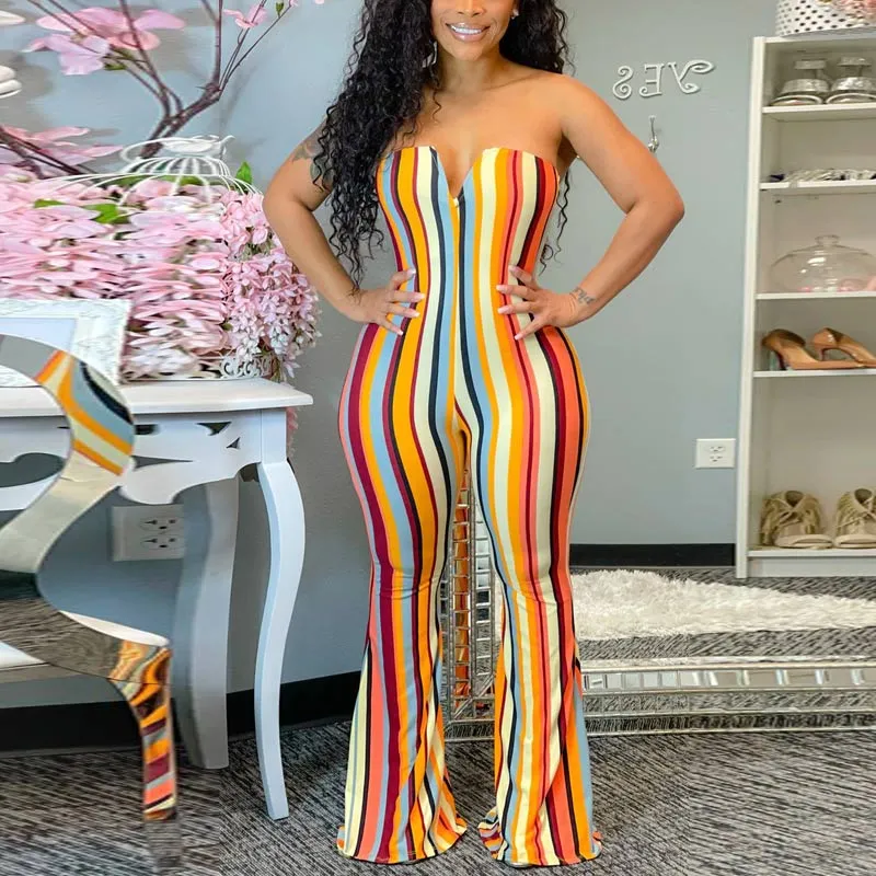 Stripe Patter Off Shoulder Bell Bottomed Jumpsuit
