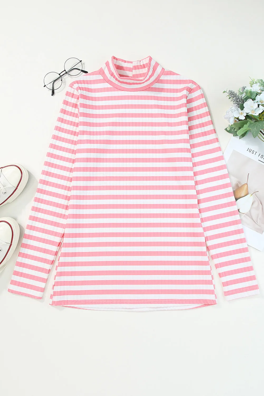 Striped Mock Neck Long Sleeve Top