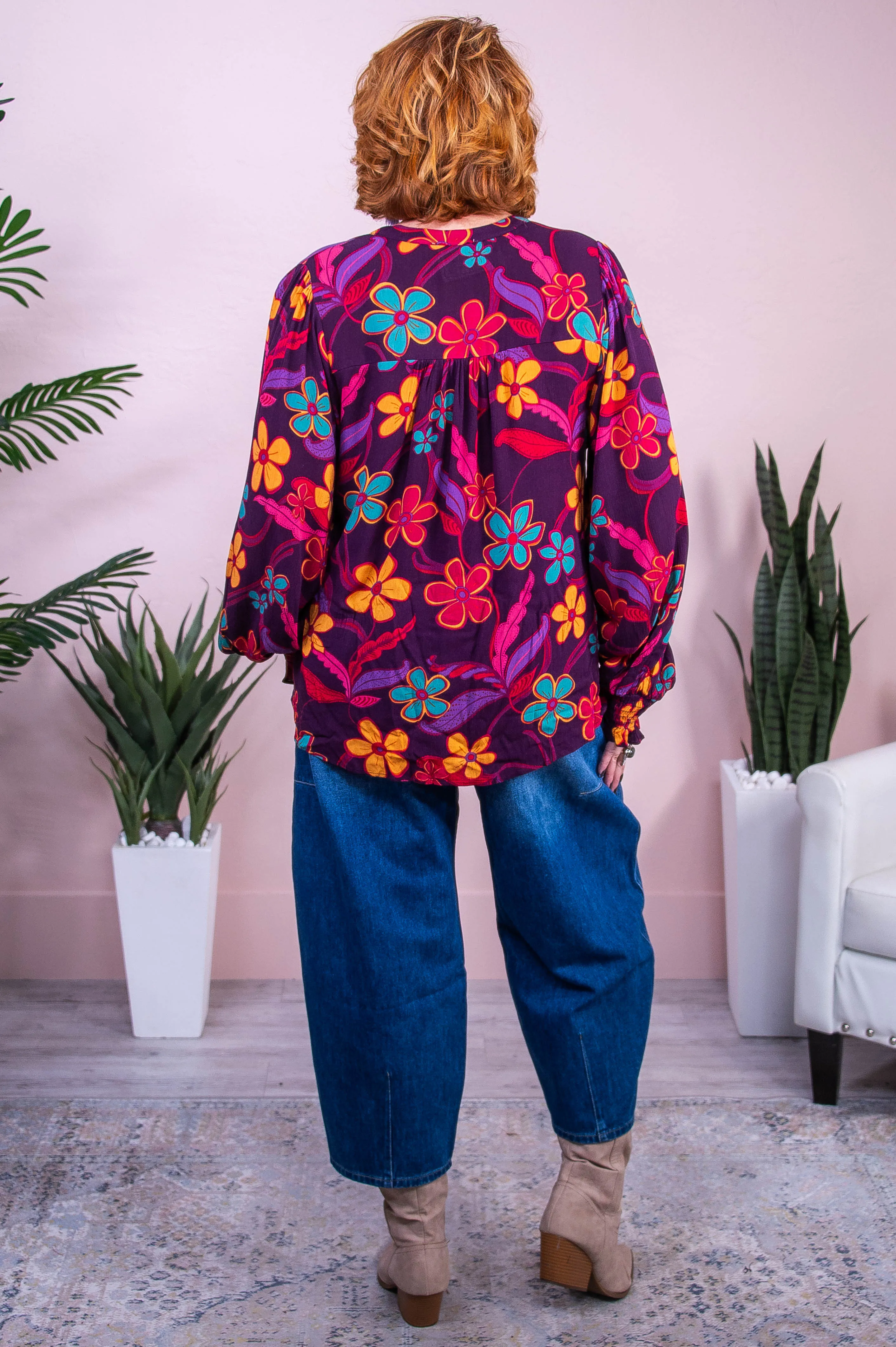 Style Statement Eggplant/Multi Color Floral Top - T10381EP