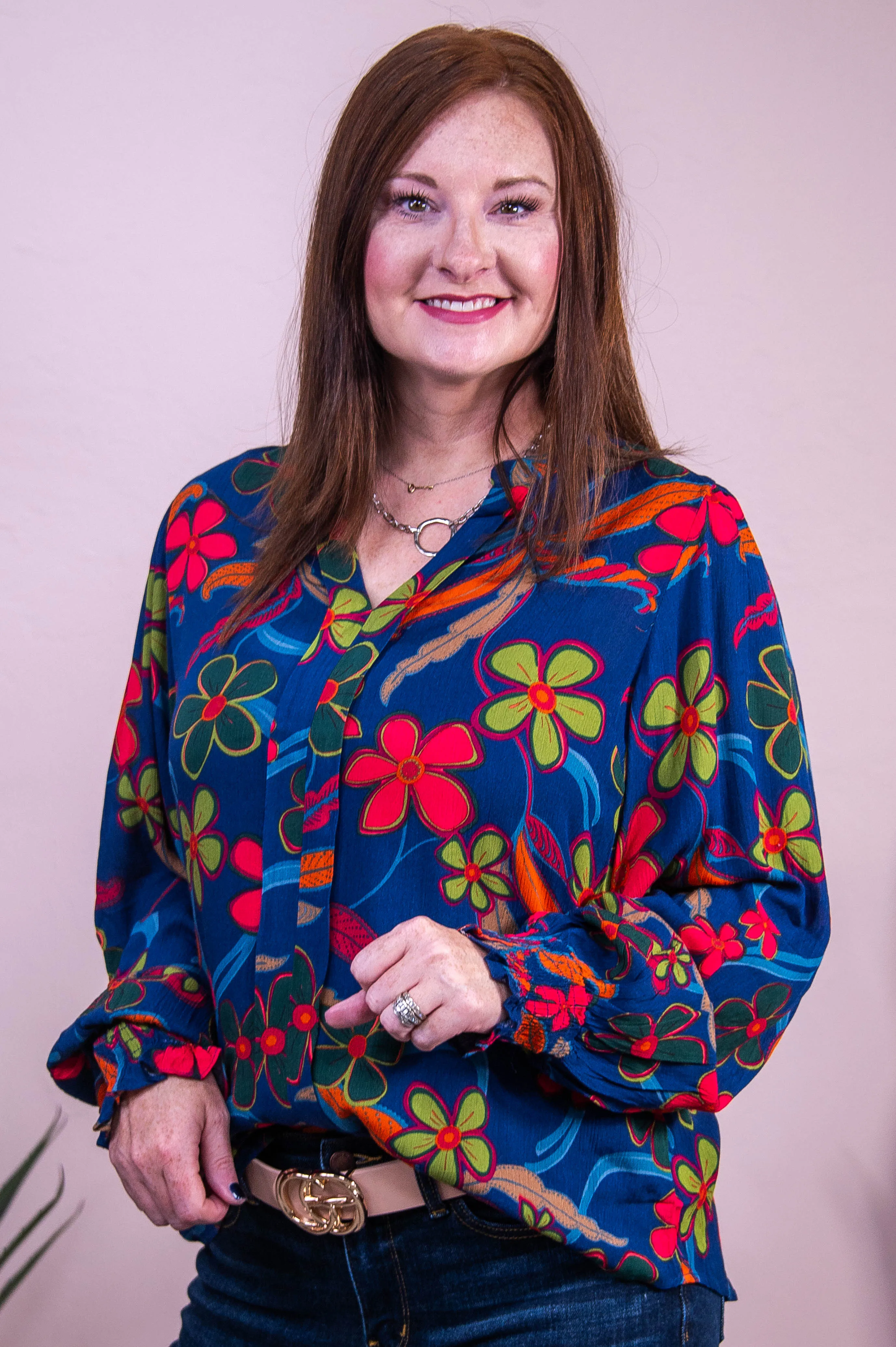 Style Statement Navy/Multi Color Floral Top - T10403NV