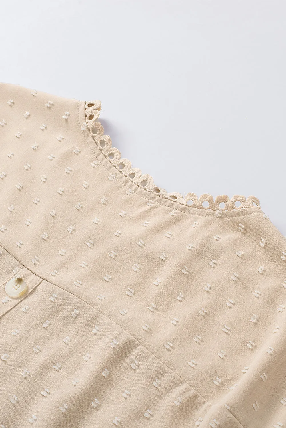 Swiss Dot Decorative Button Short Sleeve Blouse