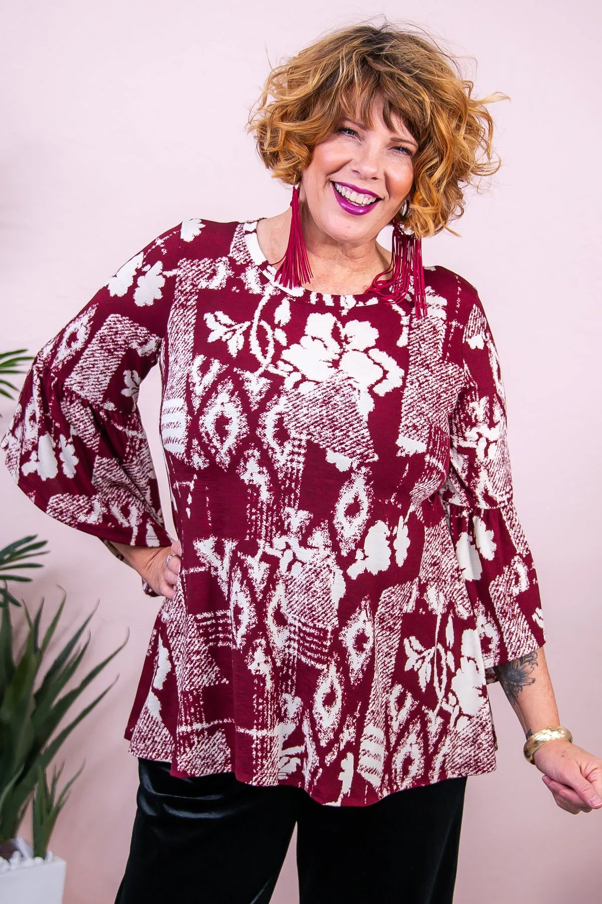 The Perfect Occasion Burgundy/Ivory Floral Top - T8291BU