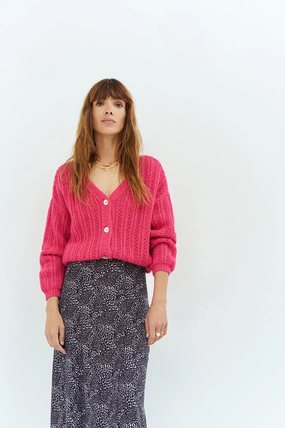 THEORY - Cardigan rose fuchsia en tricot fantaisie