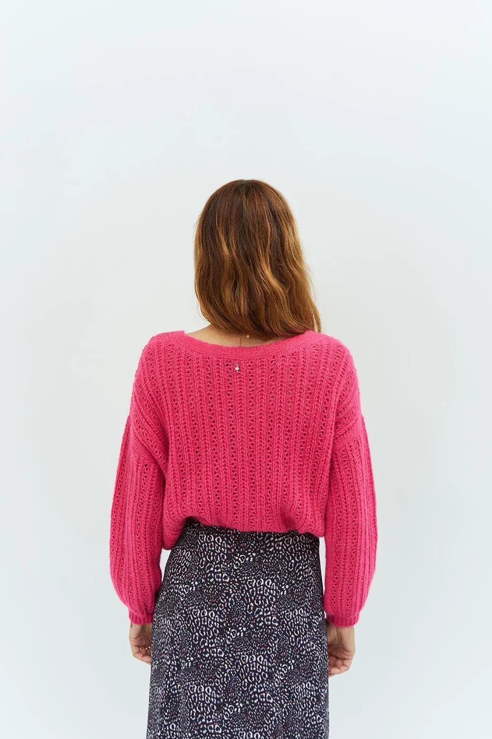 THEORY - Cardigan rose fuchsia en tricot fantaisie