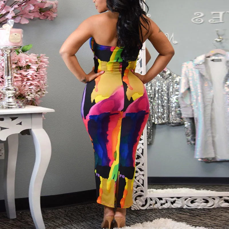 Tie Dye Print Off Shoulder Hollow Out Bodycon Dress