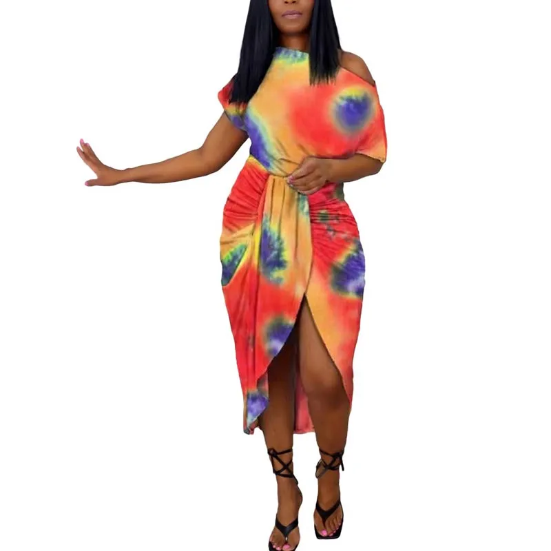 Tie Dye Print One Shoulder High Split Dress