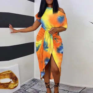 Tie Dye Print One Shoulder High Split Dress