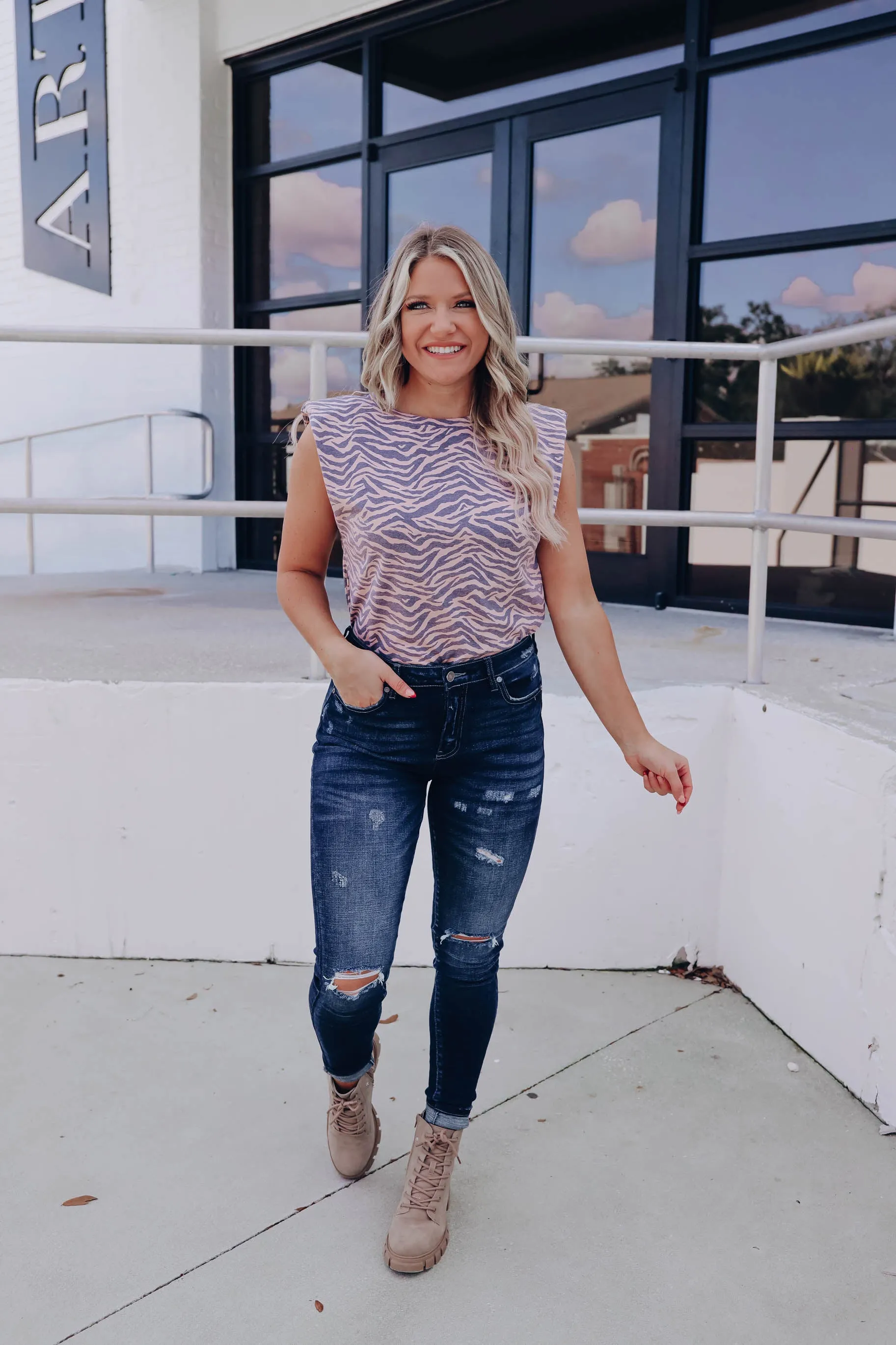 Tiger Stripes Padded Shoulder Top