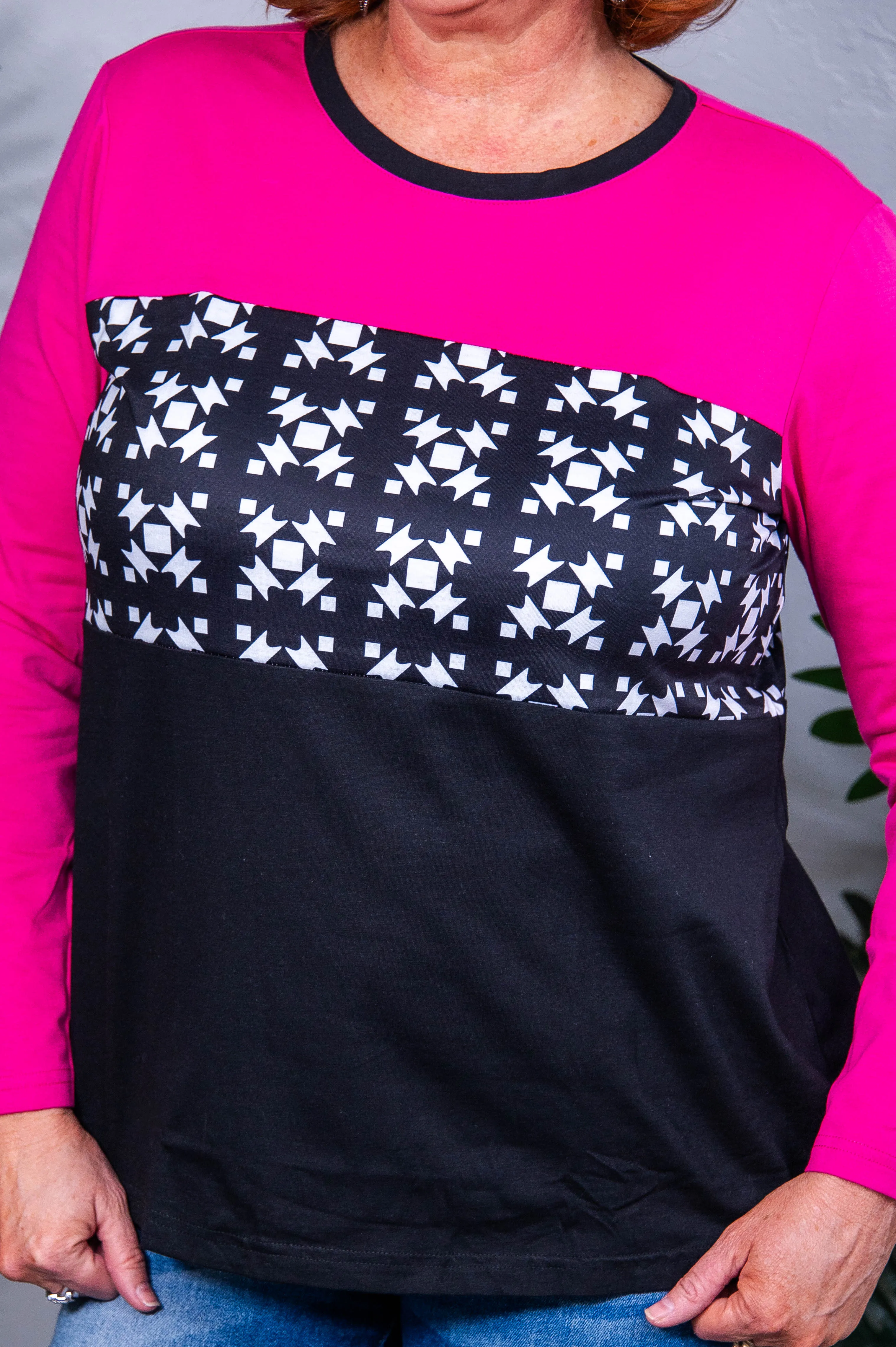 Time Flies By Black/Fuchsia Printed Colorblock Top -T10842BK