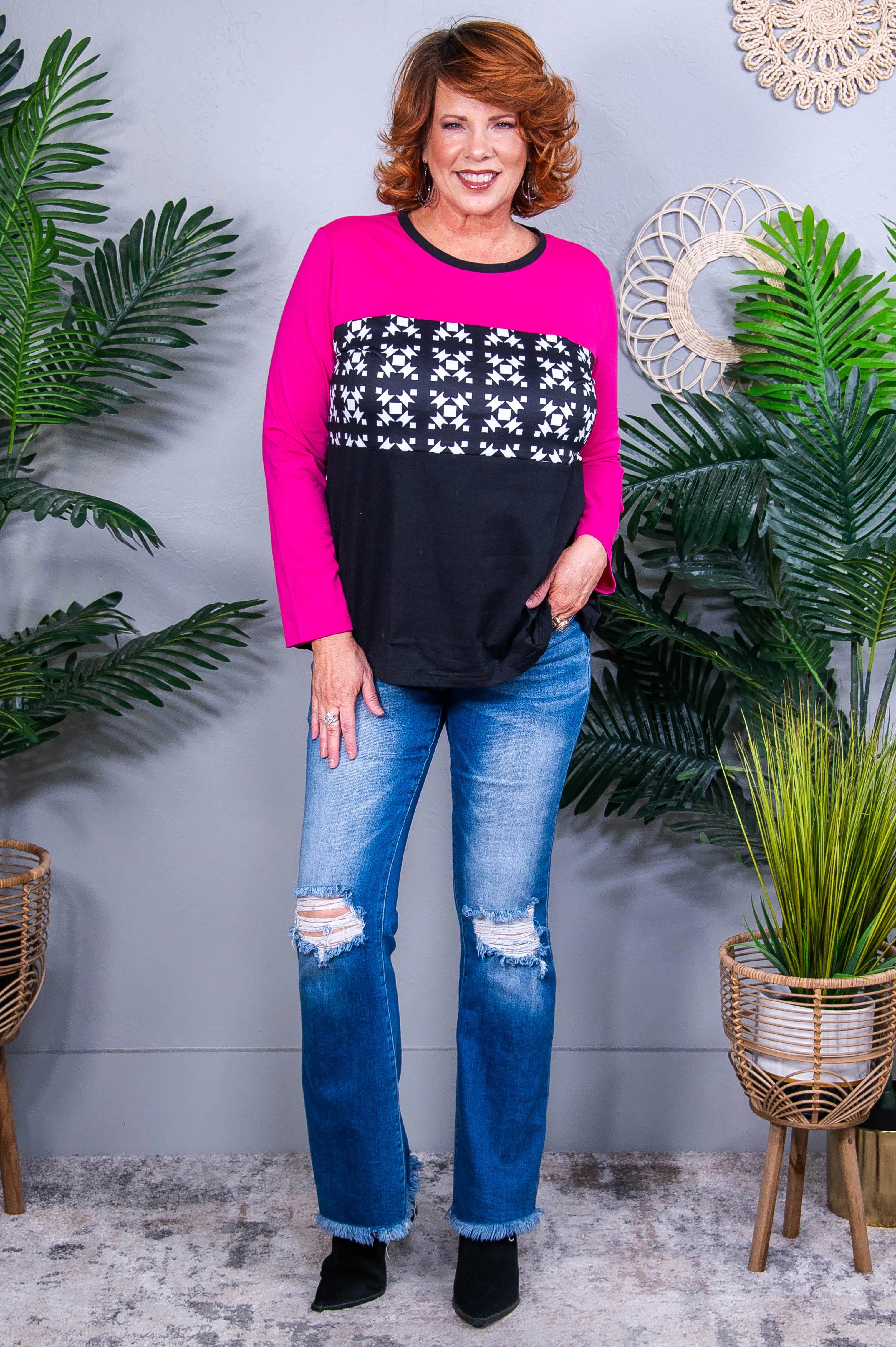 Time Flies By Black/Fuchsia Printed Colorblock Top -T10842BK