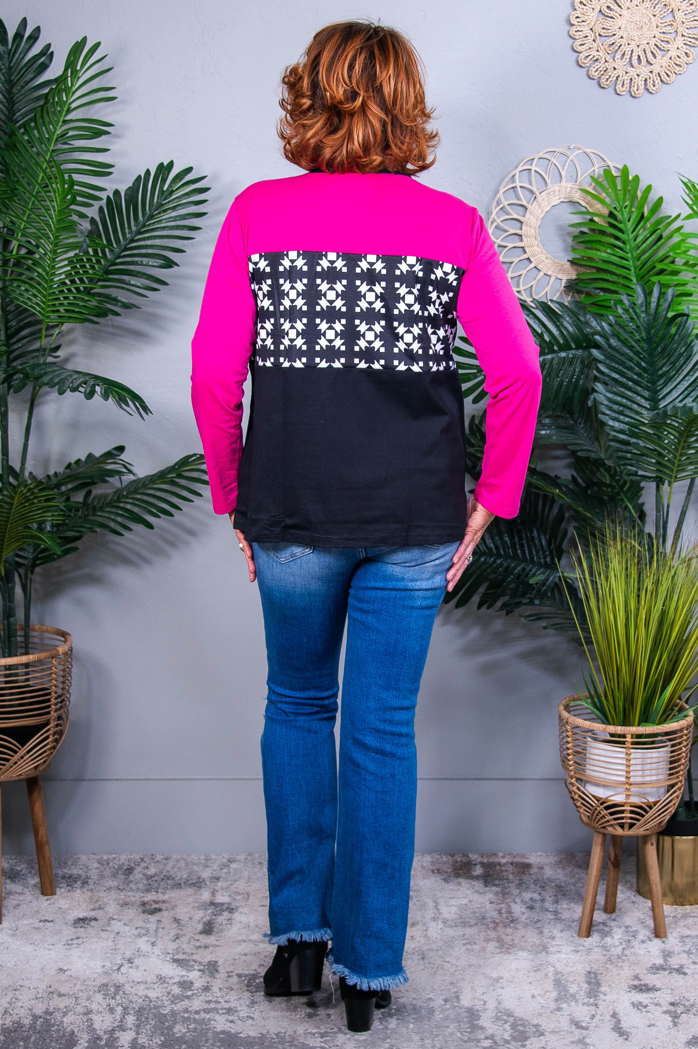 Time Flies By Black/Fuchsia Printed Colorblock Top -T10842BK