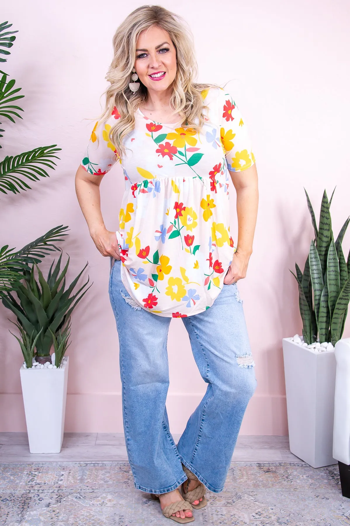 Total Crush Beige/Multi Color Floral Babydoll Top - T9458BG