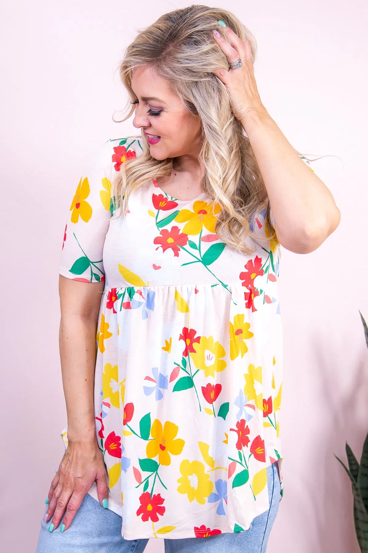 Total Crush Beige/Multi Color Floral Babydoll Top - T9458BG
