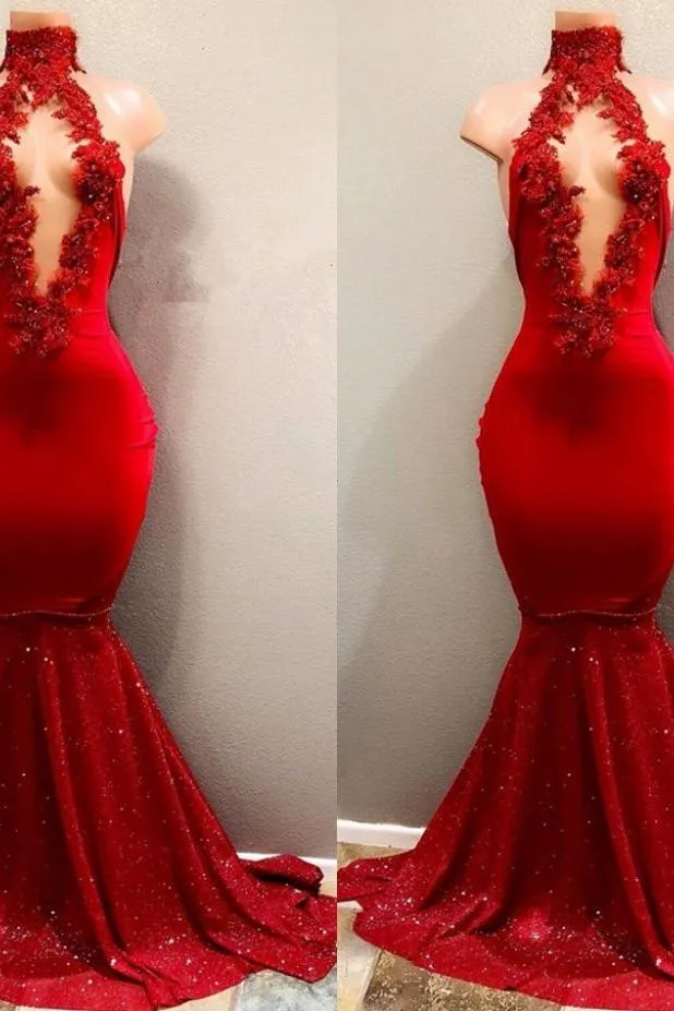 Trendy Mermaid Red Lace High Neck Prom Party Gowns| Red Prom Party Gowns