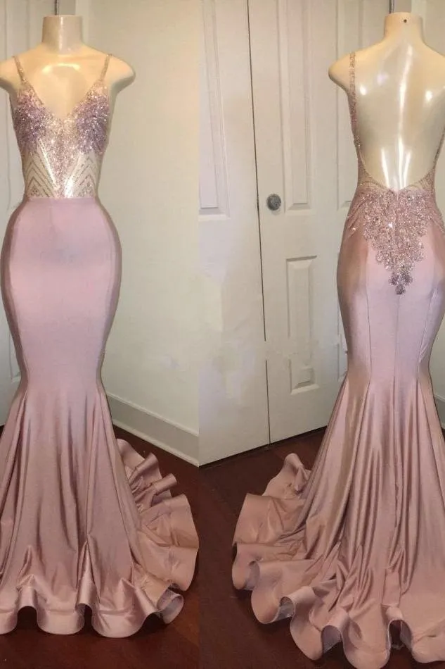 Trendy Pink Beads Spaghetti Strap Prom Party Gowns| Mermaid Prom Party Gowns