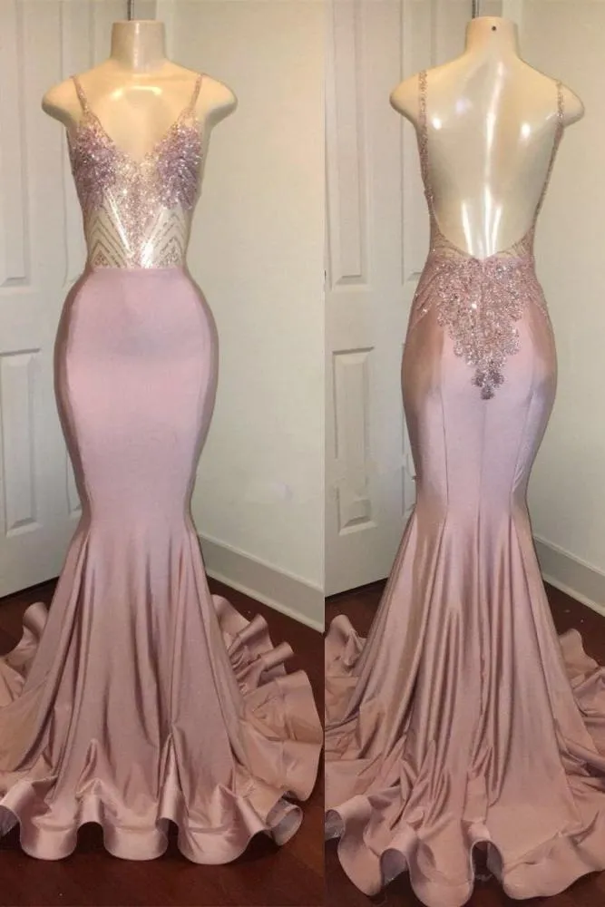 Trendy Pink Beads Spaghetti Strap Prom Party Gowns| Mermaid Prom Party Gowns