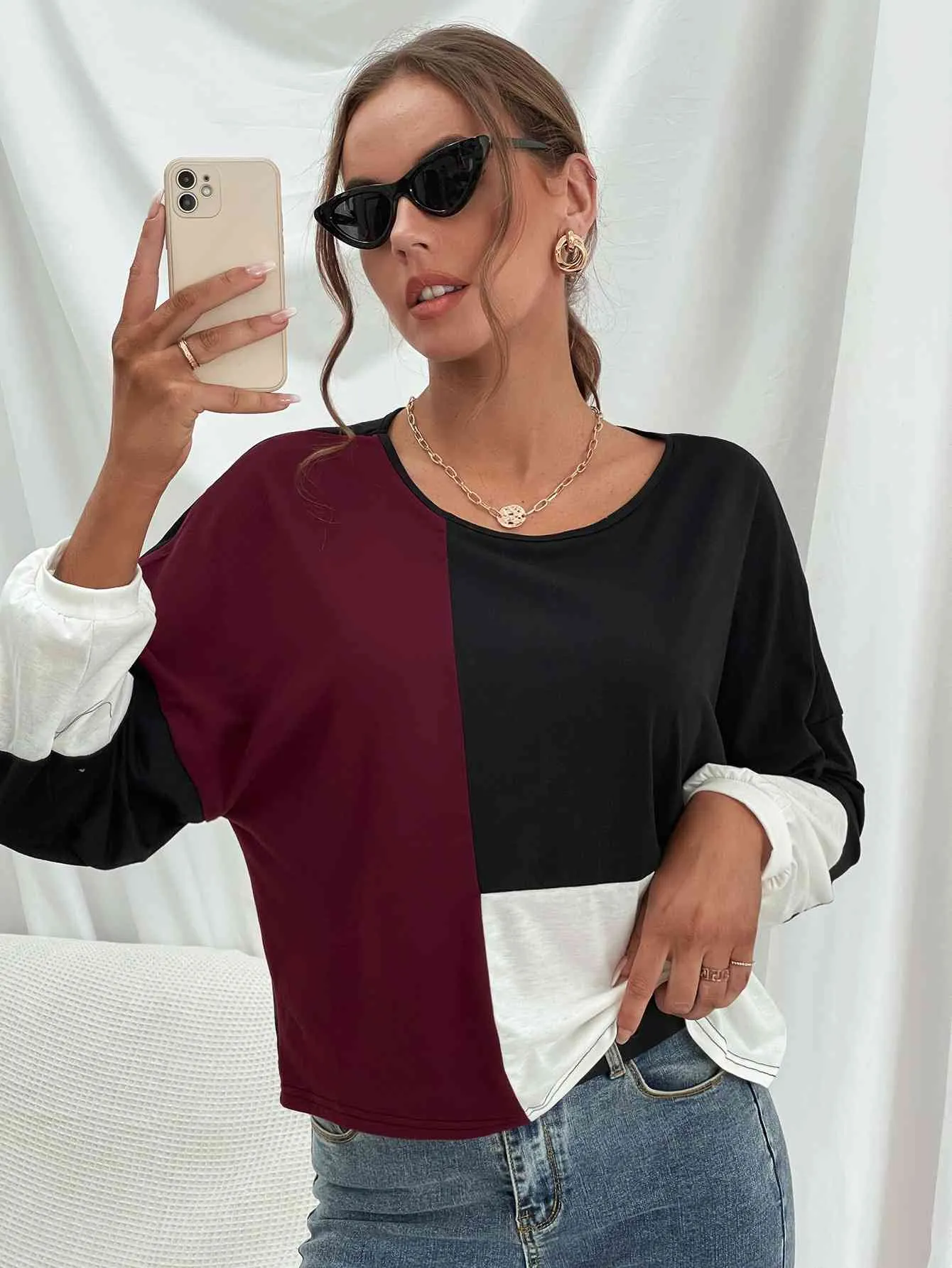 Truli Three-Tone Color Block Dropped Shoulder Long Sleeve Tee