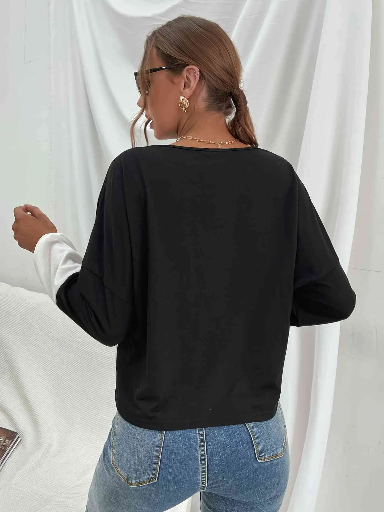 Truli Three-Tone Color Block Dropped Shoulder Long Sleeve Tee