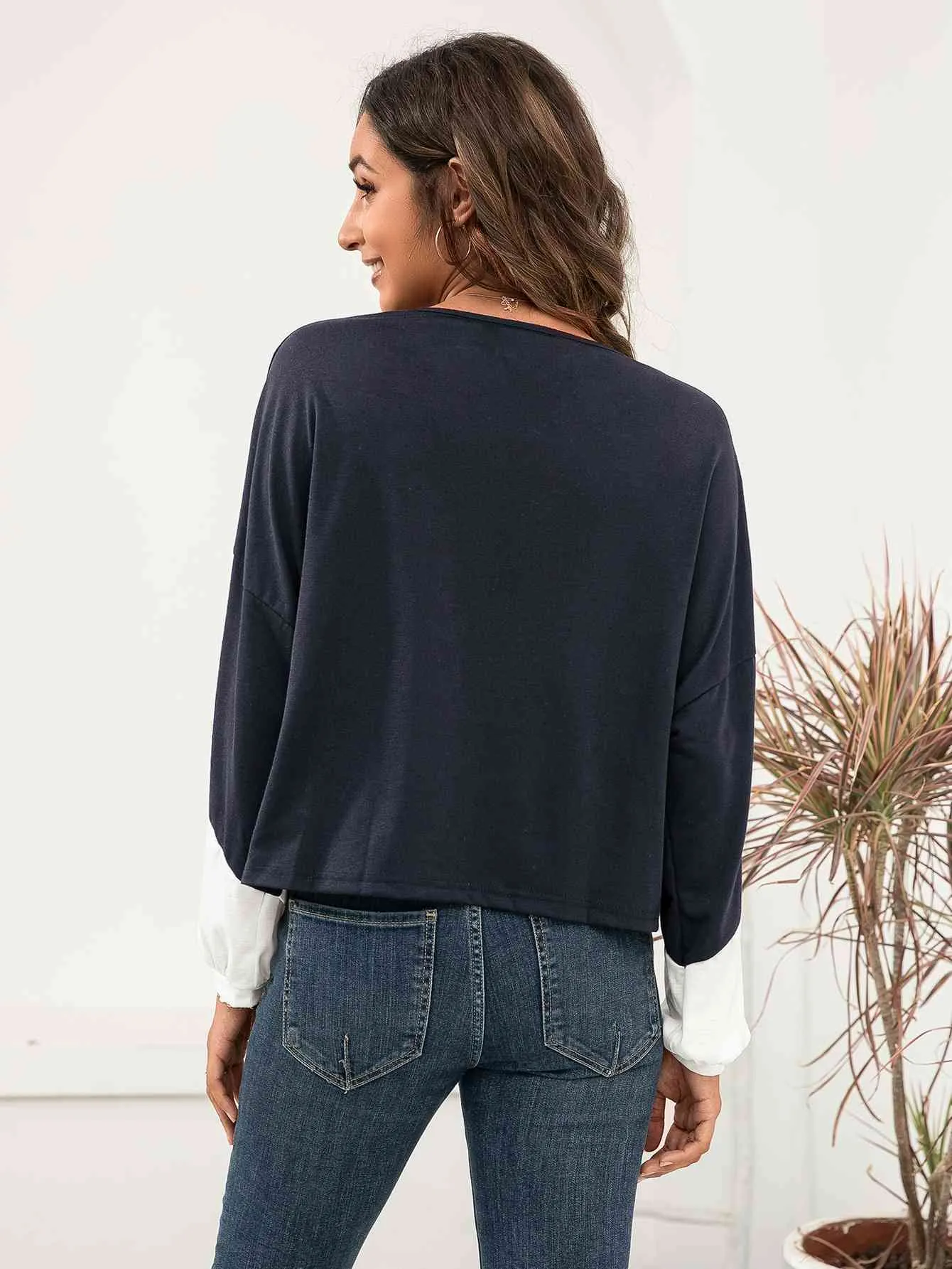 Truli Three-Tone Color Block Dropped Shoulder Long Sleeve Tee