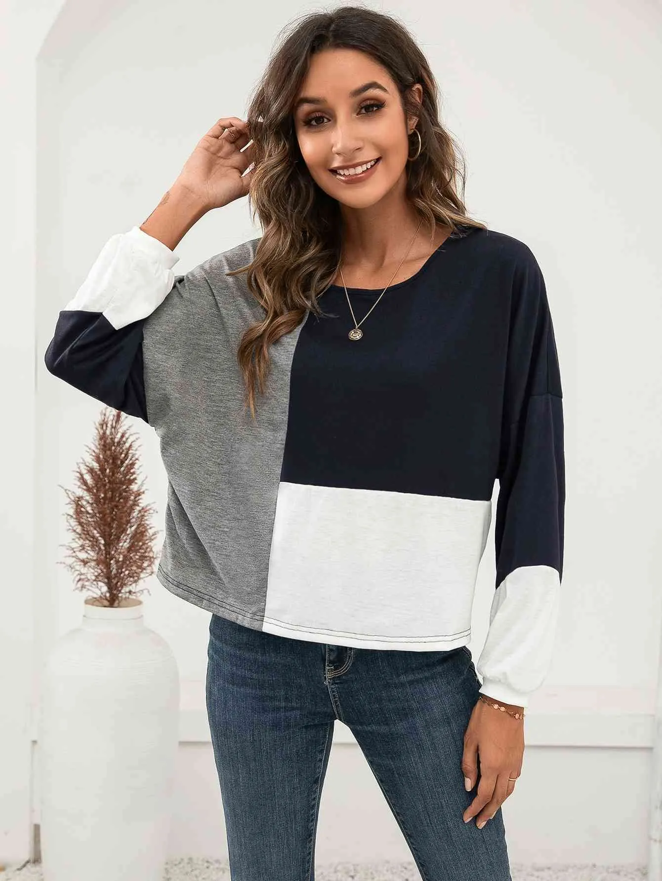 Truli Three-Tone Color Block Dropped Shoulder Long Sleeve Tee