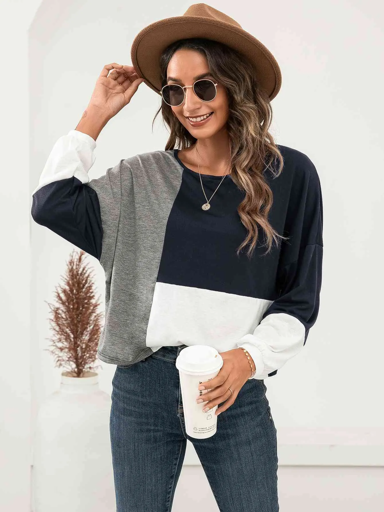 Truli Three-Tone Color Block Dropped Shoulder Long Sleeve Tee