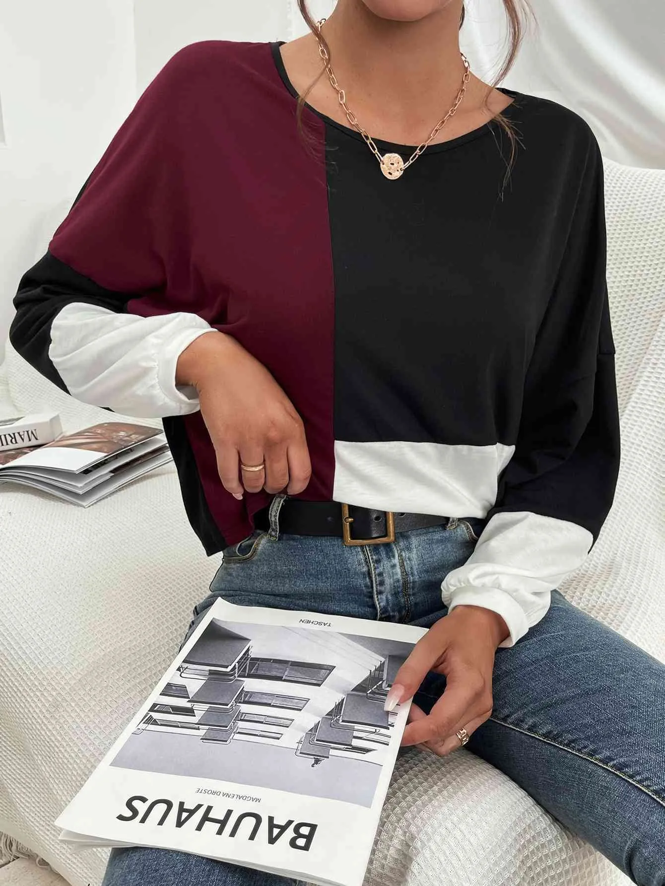 Truli Three-Tone Color Block Dropped Shoulder Long Sleeve Tee