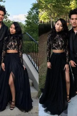 Two Piece Long Sleeves Evening Gown Black Chic Slit Lace Prom Party Gowns
