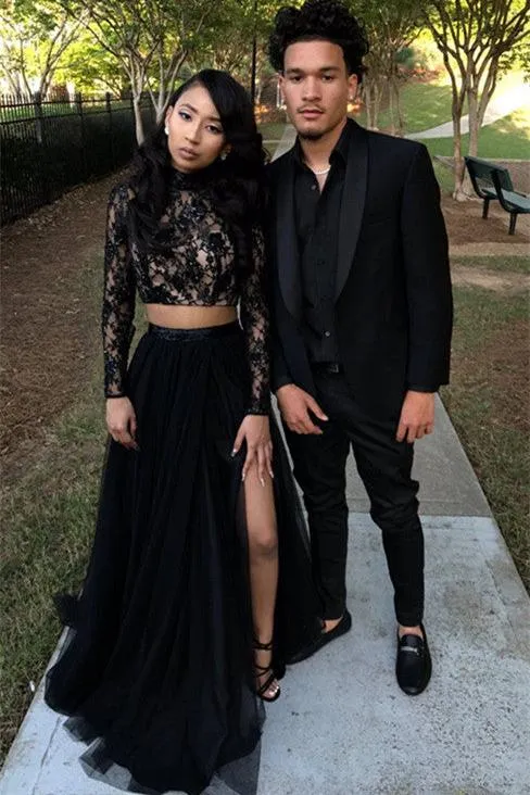 Two Piece Long Sleeves Evening Gown Black Chic Slit Lace Prom Party Gowns