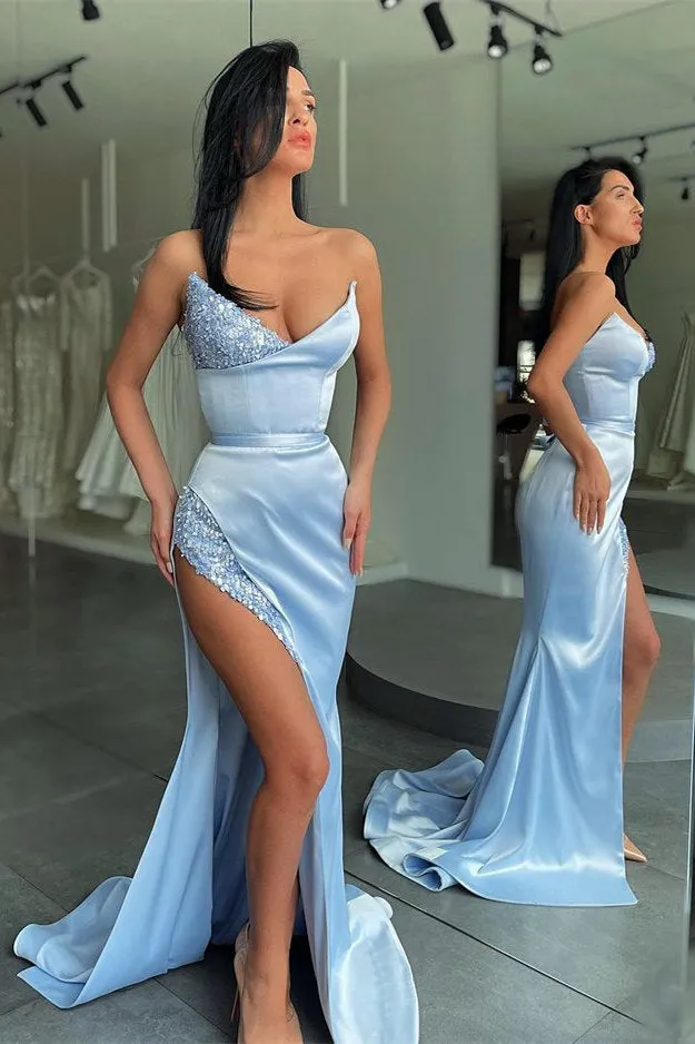 Unique Sky blue Stapless High-split sequined Prom Dress